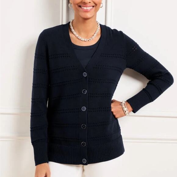 Talbots Navy Blue V-NECK POINTELLE GIRLFRIEND CARDIGAN - Picture 2 of 8